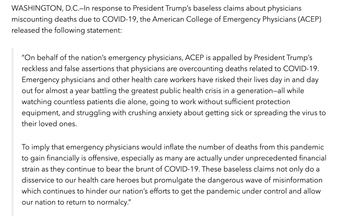 Trump picked a fight with the WRONG people. For nearly a year, ER docs have watched "countless patients die alone, gone to work without sufficient protection equipment, and struggled with crushing anxiety about getting sick or spreading the virus to their loved ones"  @ACEPNow