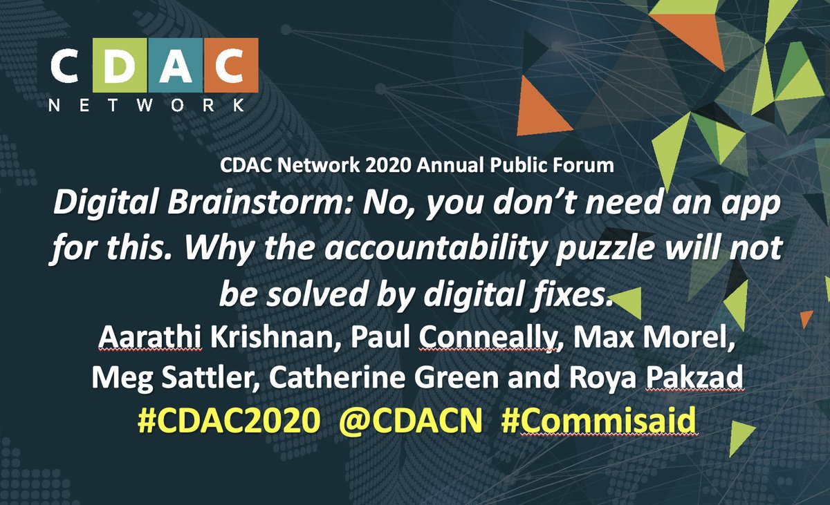 CDACN's tweet photo. What does the future of #humanitarian #digital governance look like?
How can we ensure #inclusivetech?
Whose experiences matter?
Just a few qs #CDAC2020 attempted to answer.
Check out all the recorded sessions of CDAC's 2020 public forum: https://t.co/EiifM6XQV6
#Commisaid https://t.co/KC7BvWj7TI