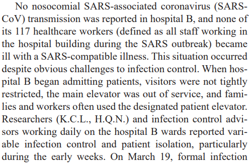 The SARS outbreak had started in another hospital, called Hospital A. *THAT* hospital had significant spread.But in Hospital B, it does seem that there were obvious challenges that should have resulted in spread, but no spread happened.