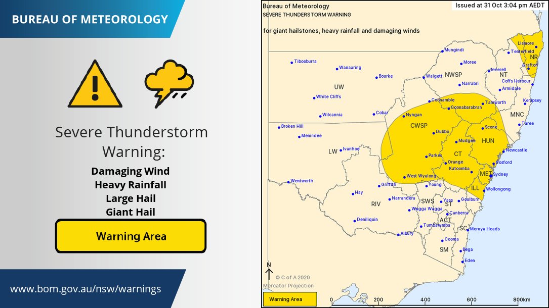 BOM_NSW's tweet photo. Severe Thunderstorm Warning
for #GIANT HAILSTONES, HEAVY RAINFALL and DAMAGING WINDS. Please check the BOM website for the latest warning:
https://t.co/S5ms9UfQyZ https://t.co/mWOKW41Bju