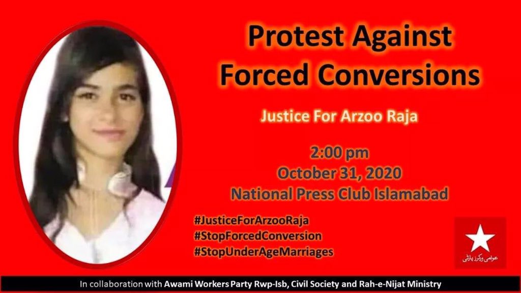AnamRathor's tweet photo. Join the protest against the abduction, forceful conversion and rape of 13 year old Arzoo Raja.
Today at 2 pm outside Islamabad Press Club https://t.co/06gFHBE2En