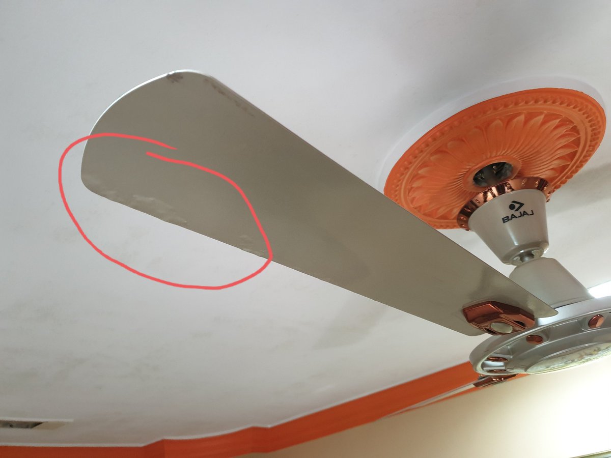 PrathameshHade's tweet photo. @BajajElectrical you need to slightly improve on quality of products.... only in span of three years the paint of fan blades started to rip off.... even when the usage is for home purpose only https://t.co/izG5Htd6gd