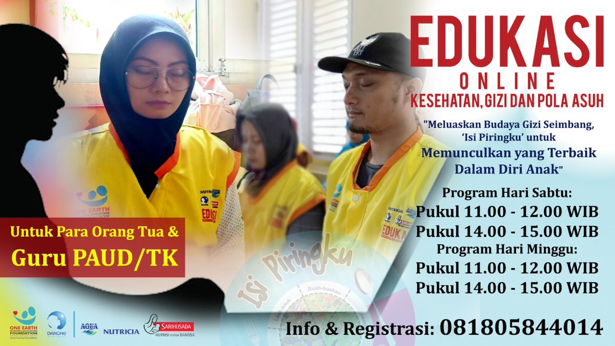 oneearthedu's tweet photo. EDUKASI ONLINE
Edukasi kesehatan, gizi dan pola asuh
"Meluaskan Budaya Gizi Seimbang 'Isi Piringku' u/ Memunculkan yang Terbaik Dalam Diri Anak"
📱📠
081805844014 - MIRA
089506091832 - ATIK
#programonline #danone #edukasionline #isipiringku #polaasuh #parenting #cegahstunting https://t.co/xj72u9G034