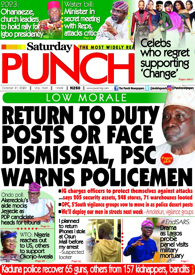 MobilePunch's tweet photo. October 31 - HEADLINES https://t.co/FHj1uhqN97