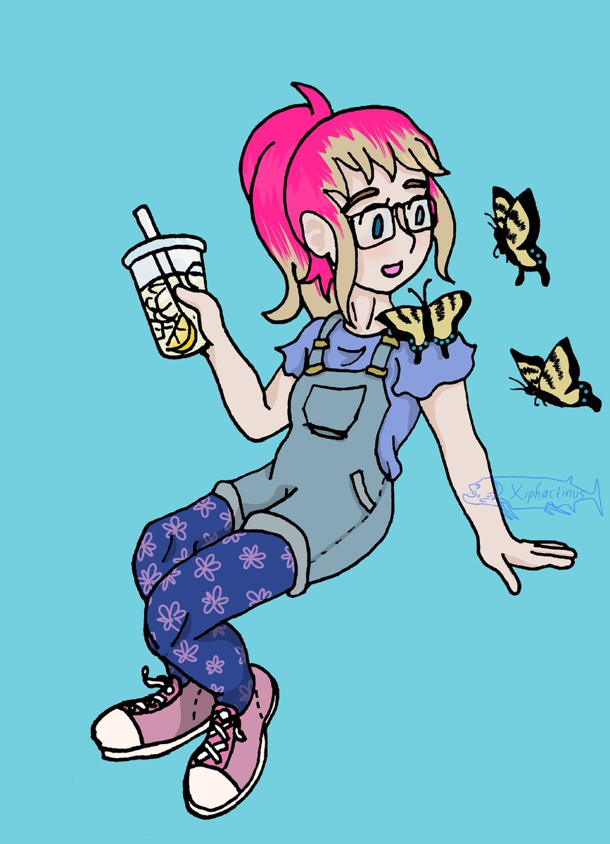 For @GennaBrooks11 

Day 30: floral

#spookytimearts #spookytimearts2020 #arttrade #soda #girl #butterflies #friendsoc #overalls #floral