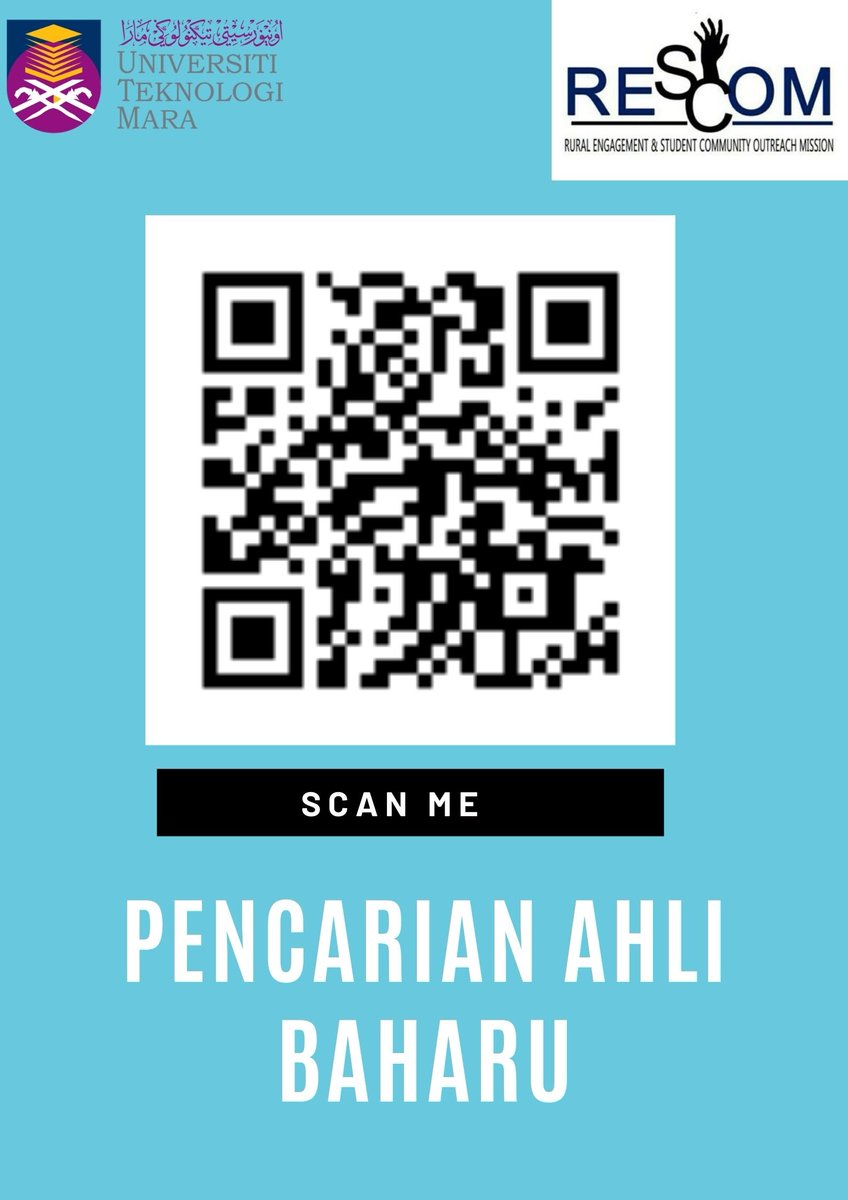 RESCOM_UiTMT's tweet photo. 📣📣PERHATIAN📣📣
📌Kelab Rural Engagement &amp; Community Outreach Mission (RESCOM) akan mengadakan pengambilan ahli  baru.
📌Terbuka kepada semua pelajar.
📌Kepada yang berminat untuk menyertai Kelab RESCOM, boleh scan QR code yang tertera. 
Sekian, terima kasih. https://t.co/yflI9AJYtm