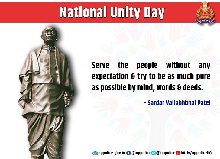 Uppolice's tweet photo. Tributes to the the first deputy PM &amp; Home Minister of India, the #IronMan, #SardarPatel on his birth anniversary.

We resolve to protect the unity &amp; integrity of the country &amp; serve the people with commitment.

 #NationalUnityDay  
#sardarpateljayanti #RashtriyaEktaDiwas https://t.co/SBKPBdfnsf