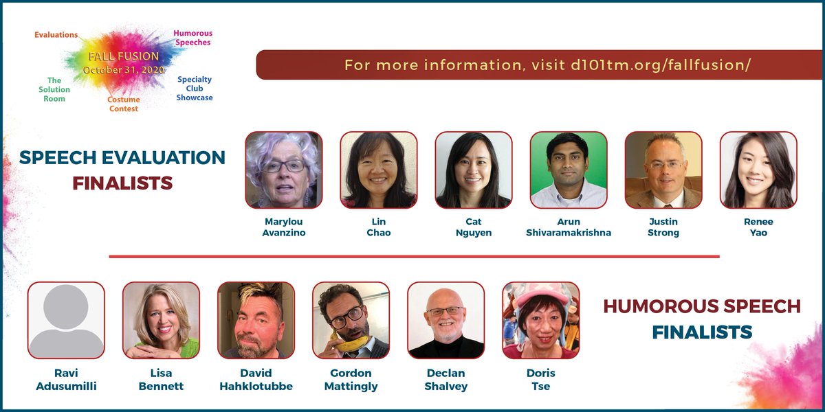 The Speaker Showcase - Evaluation and Humorous Speech Finals are here!!
Join us on October 31st, 2020 at 8:30 AM to be part of this Fall Fusion Event!
There will be a Costume Contest, so make sure to dress up!
Register here: bit.ly/fallfusion2020