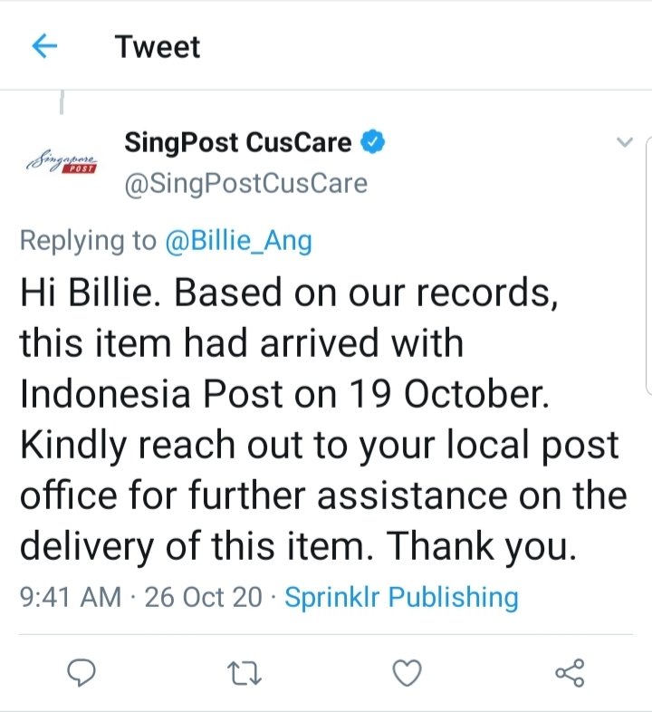 Billie_Ang's tweet photo. @PosIndonesia Selamat siang mohon di cek kembali untuk paket saya, karena dari @SingPostCusCare sudah sampai dari 19 Oktober.
Resinya LP903623503SG https://t.co/i5x5zH7zRi