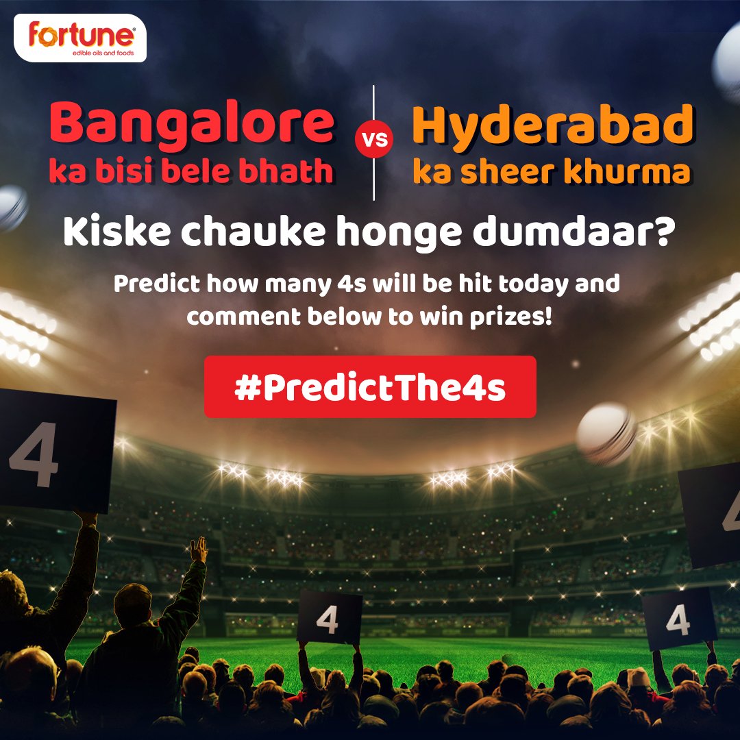FortuneFoods's tweet photo. We’re back with another round of predictions! Comment the number of 4s you think will be hit in today’s #RCBvsSRH match and stand a chance to win exciting surprises!   #IPL2020 #PredictThe4s #Cricket2020 #FortuneFoods https://t.co/2qcJCkm2N5