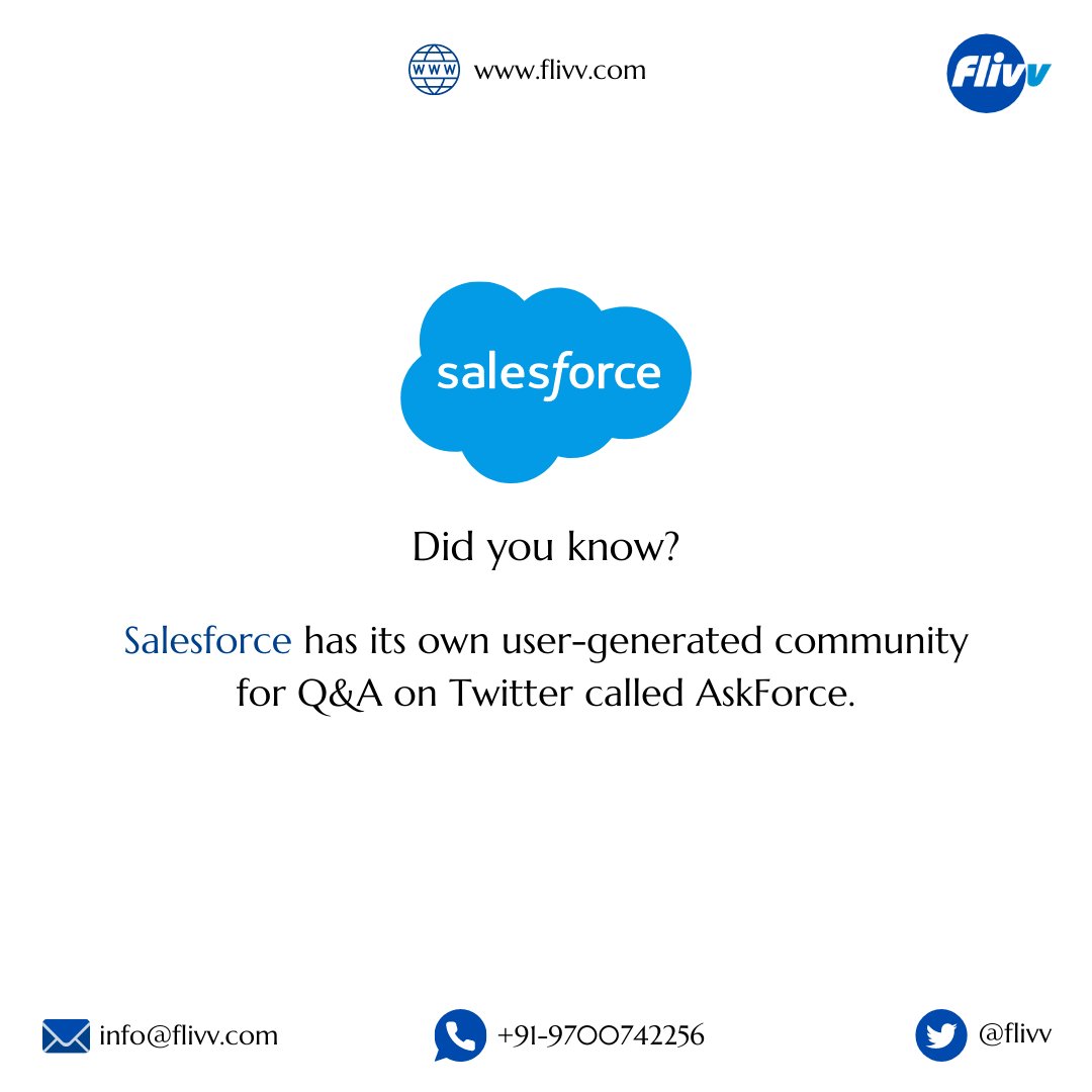 Flivv's tweet photo. Did you know?
@Salesforce has its own user-generated community for Q&A on Twitter called #AskForce
To know more, call +91-9700742256 or visit https://t.co/RC45FeJnhz
#flivv #weareflivv #salesforce #crm #crmcloud #salesforcecrm #crmservices #didyouknow #salesforcecommunity https://t.co/2AU8lSgU7i