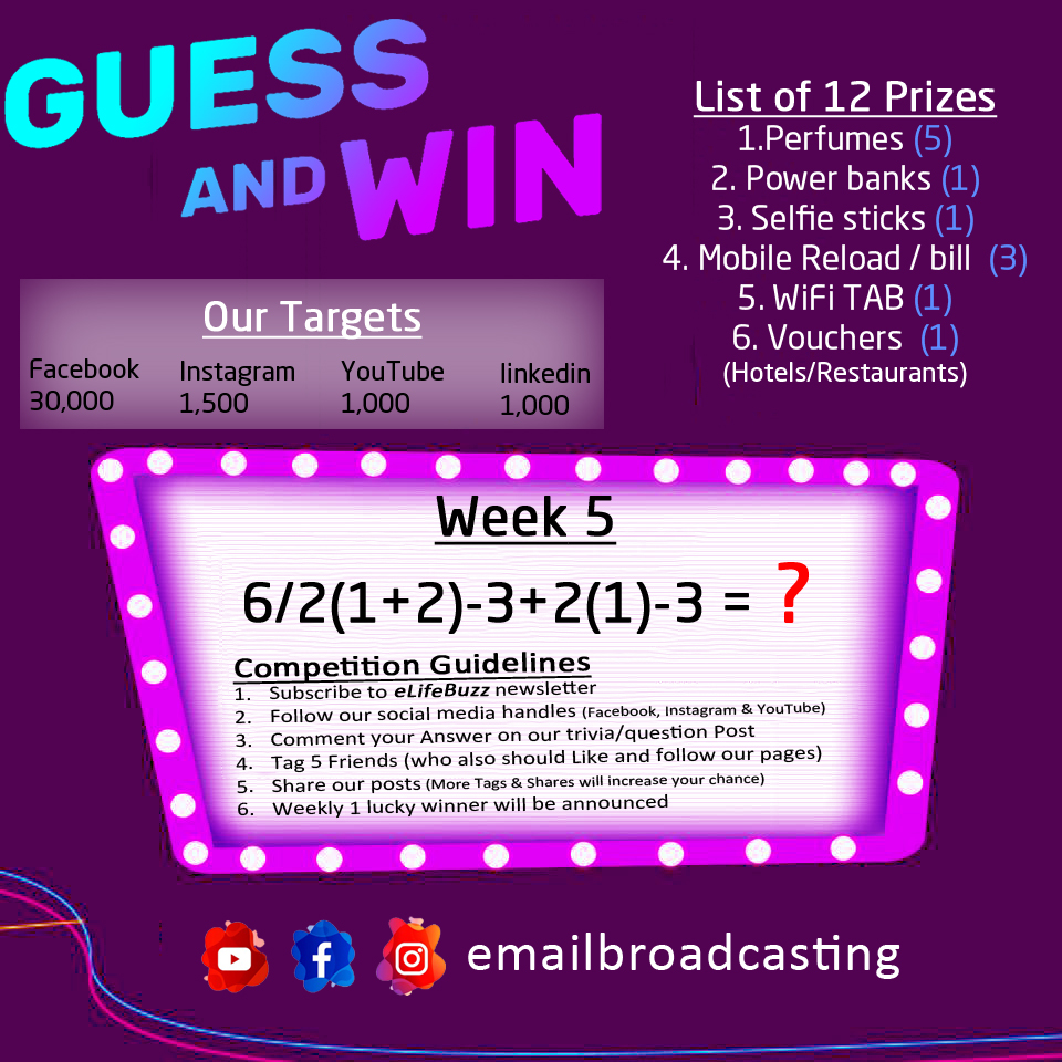 emlBroadcasting's tweet photo. Week 5 Question.
What is the answer?
6/2 (1+2)-3+2 (1)-3= ?
WIN THE LAST PERFUME PACK
#Lkr #SriLanka #Colombo #contest #TeamEBScontest #contests #contestalert #contestentry #giveaway #TeamEBSGiveaway #giveaways #winitFriday #competition #win #TeamEBS #eLifeBuzz #GuessAndWin https://t.co/HKTOkNJBpV