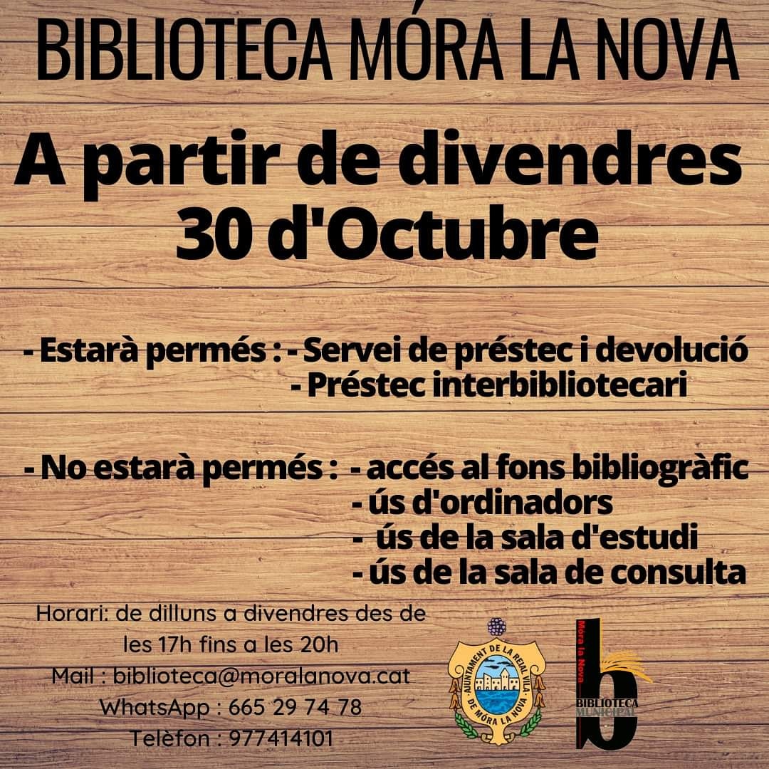 Les noves mesures del PROCICAT a partir de divendres 30 d'octubre referent a les Biblioteques són aquestes:
Només estarà permés :
☑️ Servei de préstec i devolució de llibres
☑️ Servei de préstec interbibliotecari
 
Disculpeu les molèsties. Continuarem informant de tots els canvis