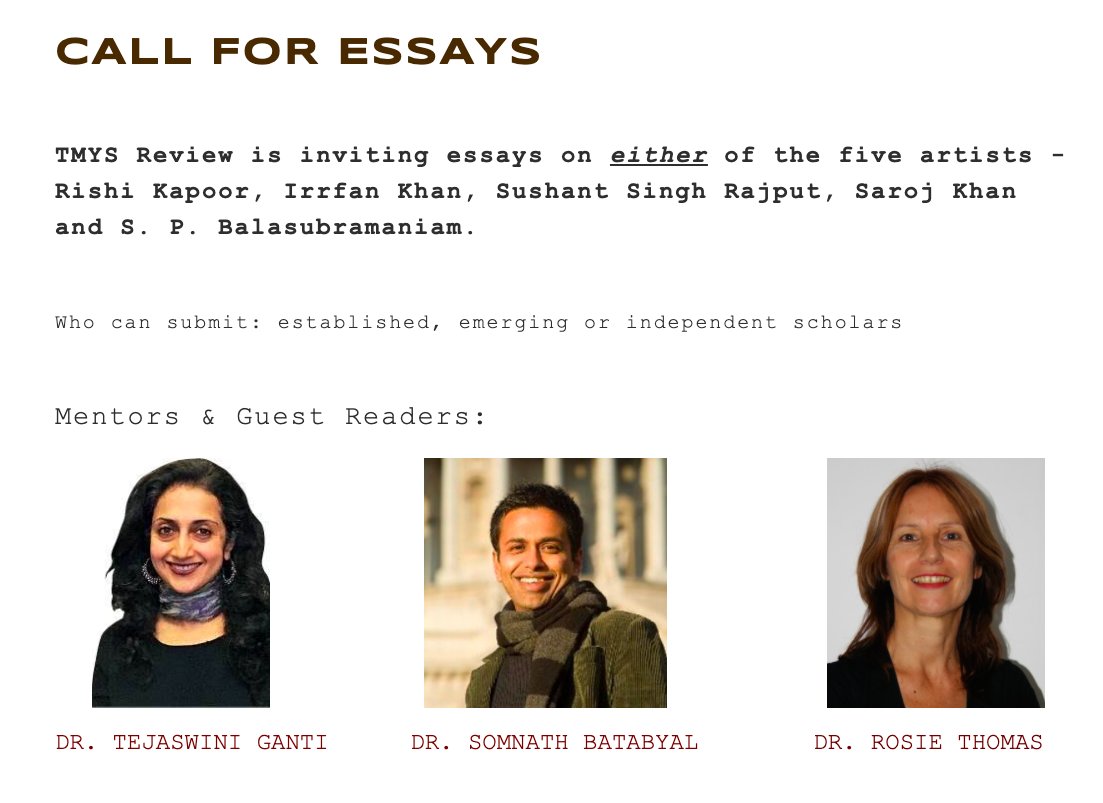 _TMYS_'s tweet photo. TMYS Review invites essays on the five icons of Indian film industry 2 look back at the art, attempts 2 revisit their lives. 
Mentors &amp; Guest Readers:
Dr. #TejaswiniGanti, NYU
Dr. @SomBatabyal, SOAS
Dr. #RosieThomas, Uni of Westminster
Call for Papers:
https://t.co/Zq2VW26pDI https://t.co/VDua1dK9S8