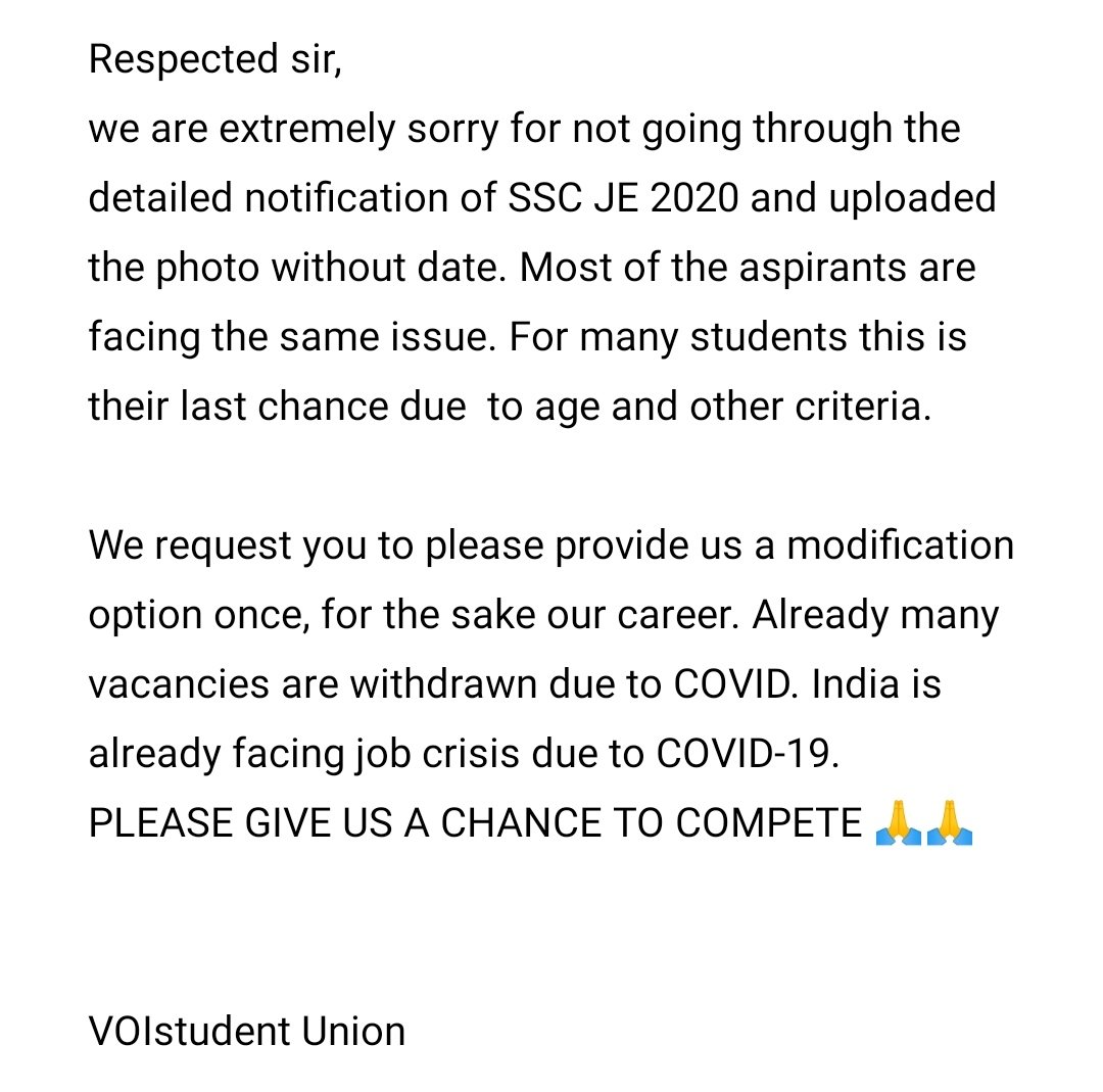 VOIStudentU's tweet photo. #Modificationlinkforsscje
#Extenddateforsscje
1.Most of the students unknowingly uploaded photo without date printed on it.
2.A lot of students couldn't submit SSCJE2020 due to server problem &amp; payment failure.
We request SSC to provide a modification link.🙏

Join @VOIStudentU https://t.co/WmH00jBcLn