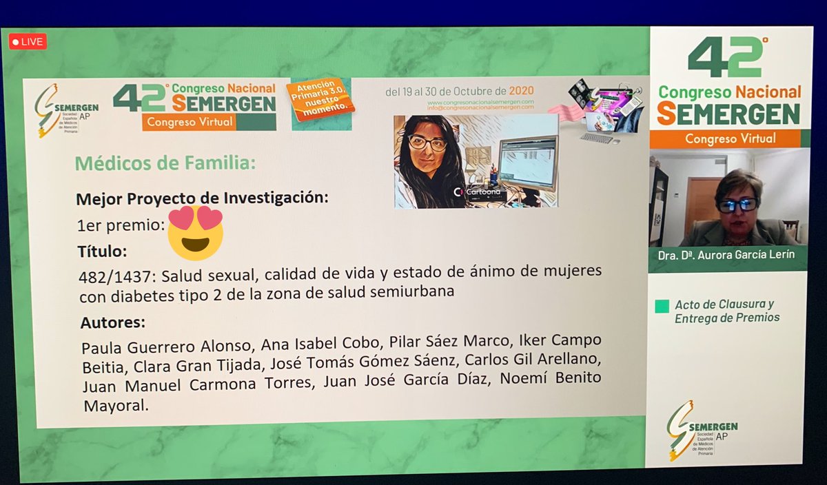 Gracias @SEMERGENap 1er premio al mejor Proyecto de Investigación en #SEMERGEN20 , todavía no me lo puedo creer. Gracias a tod@s los que habéis aportado algo a este proyecto, en especial @anaicobo, juntas realizaremos este y otros muchos proyectos @SemergenRioja @JLRamT @abasang1