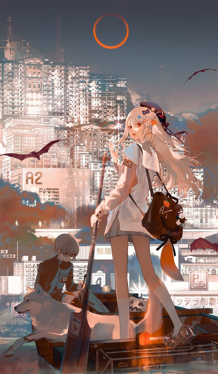 long hair white hair 1girl bag moon outdoors hat  illustration images