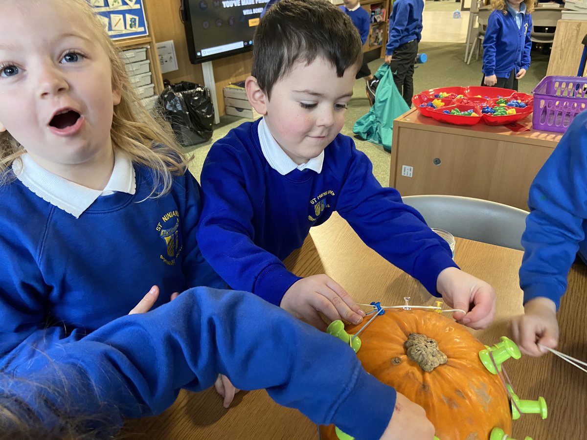 MissFarSTN's tweet photo. P1 used their fine motor skills to pull elastic bands around pins on the pumpkin. Our fingers are getting stronger! 💪🎃 #earlyyears #finemotorskills #activelearning #Halloween https://t.co/5b3gvJX0rG