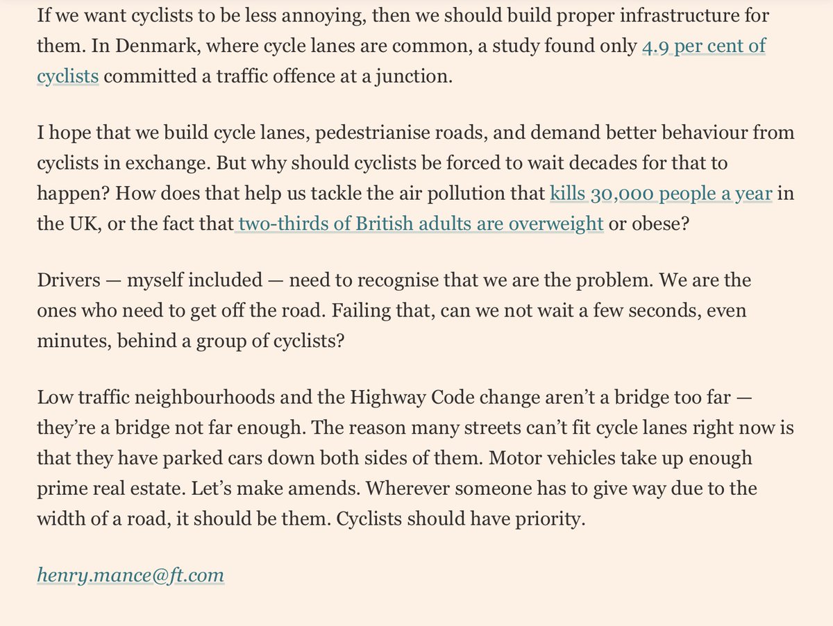 APPGCW's tweet photo. Article from @henrymance in the @FinancialTimes 

‘Cyclists are not the bad guys

A revolution requires a few barricades and our cities need more bikes and fewer cars’ https://t.co/uAP0yMyApj