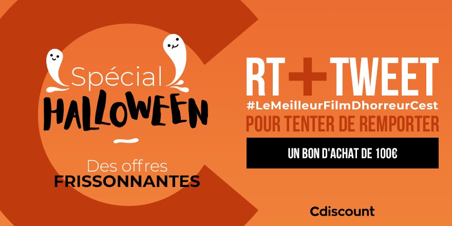 Cdiscount's tweet photo. 🎁 #Concours 

Pour Halloween dites-nous quel est le meilleur film d'horreur avec #LeMeilleurFilmDhorreurCest, et tentez de remporter un des 3 bons d'achat de 100€

Pour tenter ta chance : 

🔸 RT ce tweet
🔹 Tweet avec #LeMeilleurFilmDhorreurCest

⏰ TAS 03/11 https://t.co/ga4F17OD7f