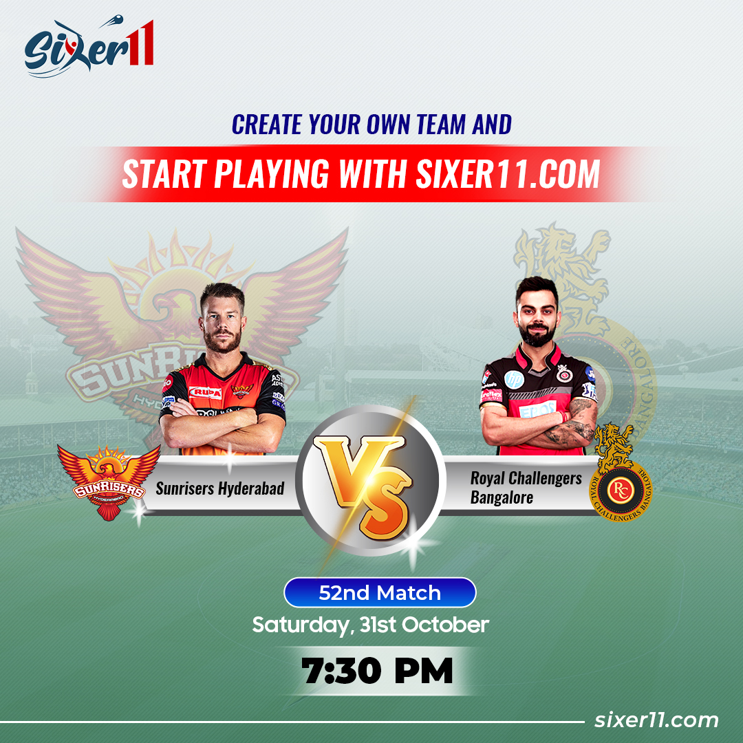 Sixer11play's tweet photo. 📣📣 Play IPL Fantasy Cricket Online at Sixer11. Download App ✓ &amp; Get Rs. 100 Cash Bonus.

https://t.co/PaAoFqqpRx 

🏏🏏 Royal Challengers Bangalore vs Sunrisers Hyderabad, 52nd Match, 7:30 PM, Oct 31, Sat.

#FantasyCricket #IPL2020 https://t.co/CKpEewgRls