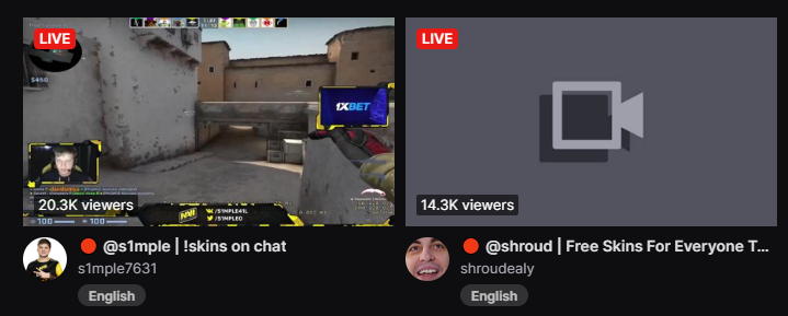 meznaricnet's tweet photo. @TwitchUKI Why don't you guys ban obviously fake streams from @shroud , @s1mpleO and others? Top 2 streams in CS:GO category are fake and have been for a long time. https://t.co/rZui9PJOr0