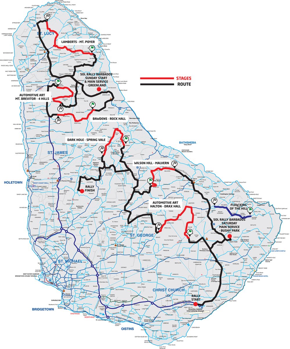 Overall Route Map for Sol Rally Barbados. Stages for today, Saturday October 31st are:
Halton to Drax Hall
Dark Hole to Spring Vale
Wilson Hill to Malvern

#SOLRB2020 #RallyBarbados #SOLRallyNation #LoveBarbados #VisitBarbados 
rallybarbados.net/sites/default/…