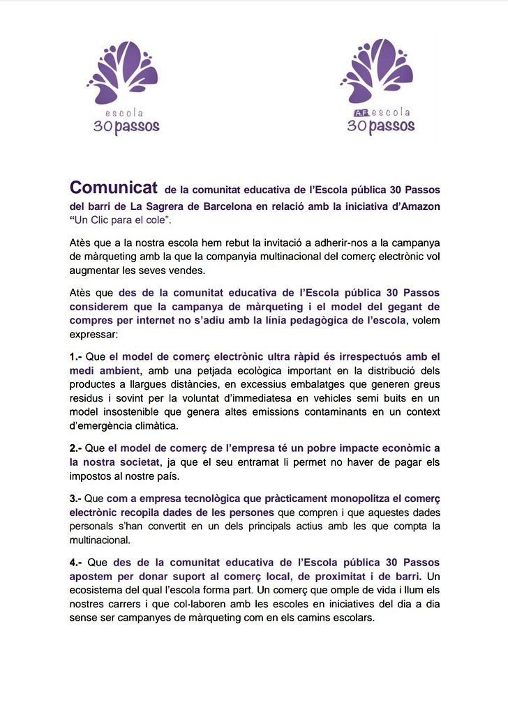 AF30Passos's tweet photo. Comunicat  de la comunitat educativa de l’#Escola pública #30Passos del barri de #LaSagrera de #Barcelona en relació amb la iniciativa d’@Amazon “Un Clic para el cole” on #renunciem a participar a la campanya de màrqueting de la multinacional del comerç electrònic. https://t.co/PWVUv0NA8H