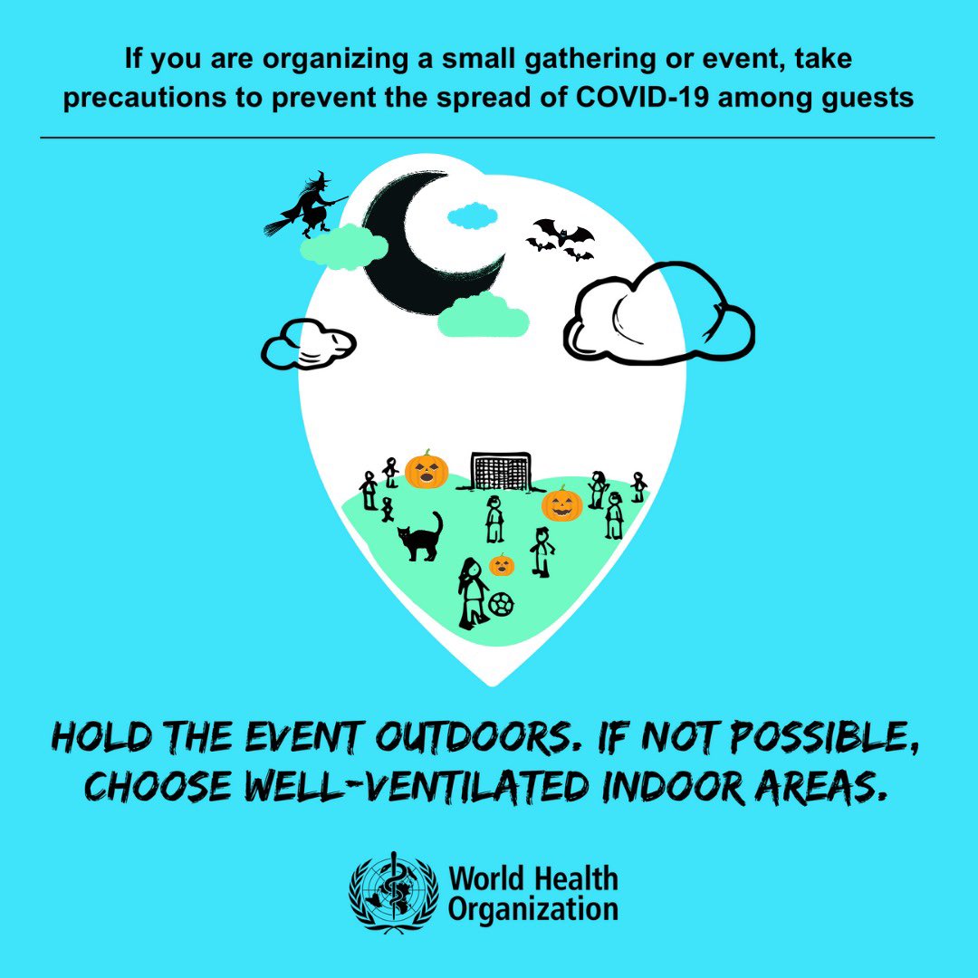 During  #COVID19, WHO suggests holding Halloween events outdoors when possible. Before your  #Halloween   event starts, you should brief guests about precautions  and continue to remind them.