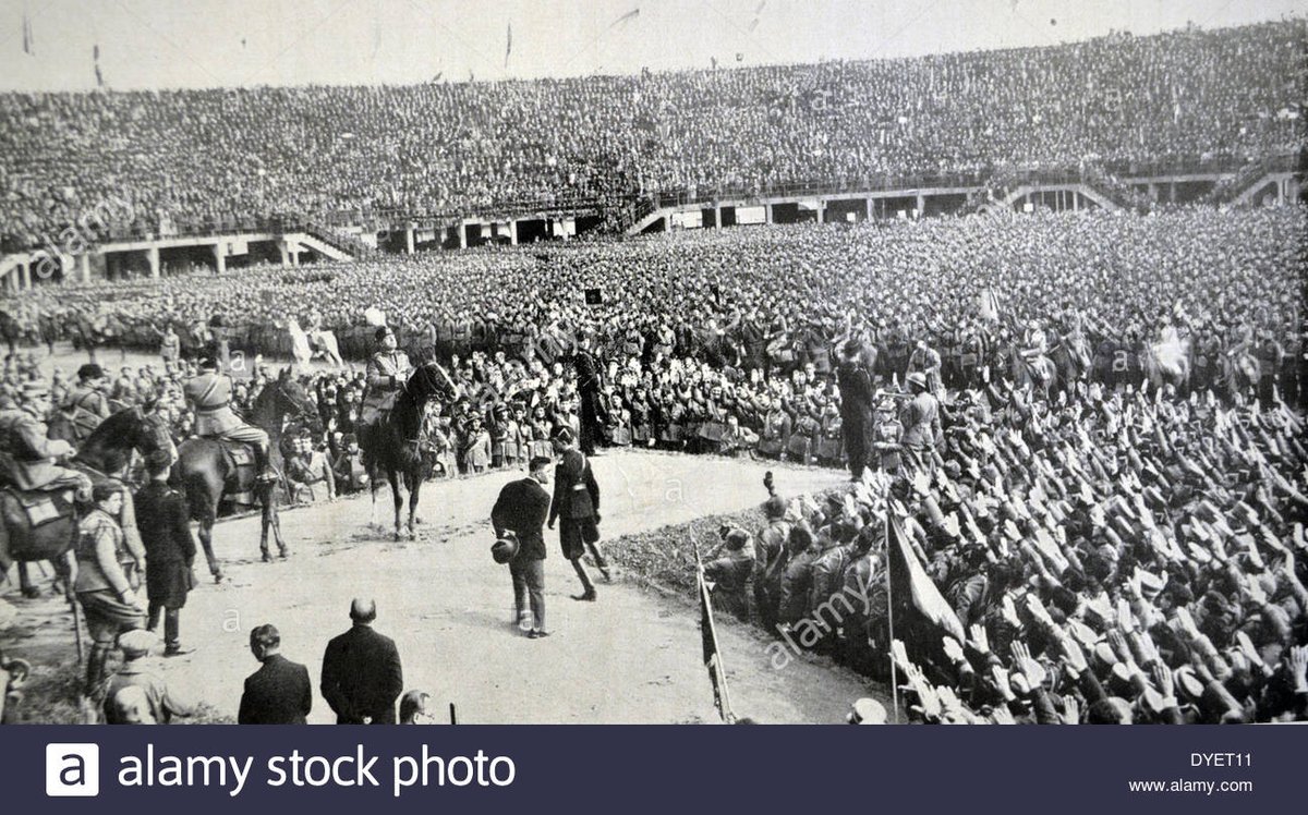 Mussolini enters the stadium for the ceremony on horseback, playing to massive crowds packed inside (photo). He is wholly in his element, playing the part of the strong natural leader & benefactor of the nation, as symbolised by the huge new stadium & adjacent swimming pools >> 8