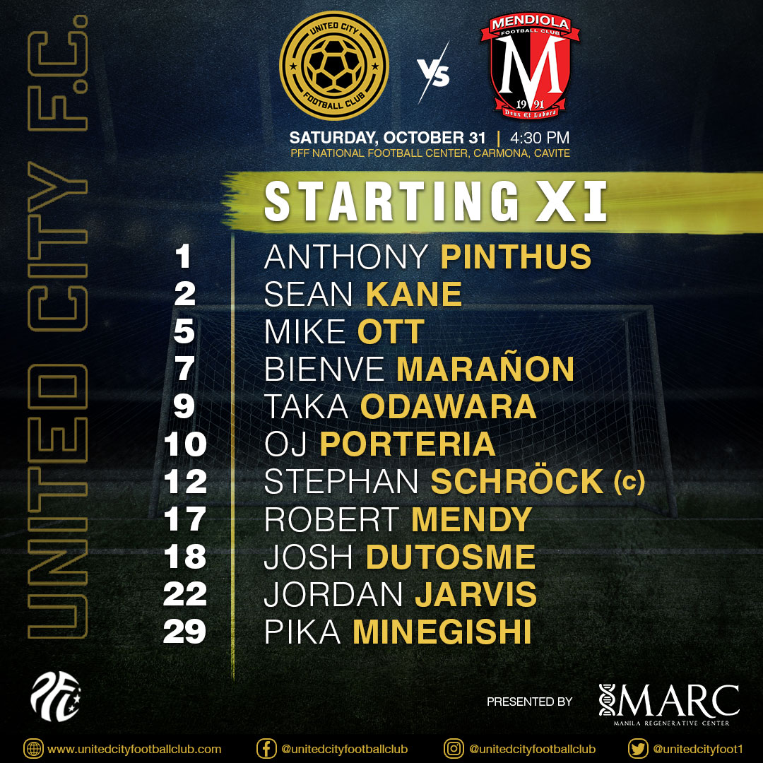UnitedCityFC_PH's tweet photo. UCFC Starting XI for today's match vs Mendiola FC.
#ucfc #ucfcfieldofdreams #wearepfl #unitedcityfootballclub #qatarairways #SupportLocalFutbol #DareToRise #MARCmedics #midasmagnesium #WellnessBackedByScience #NothingBeatsGatorade #sportskred
#imkleanathlete https://t.co/uHdHSMlxzu