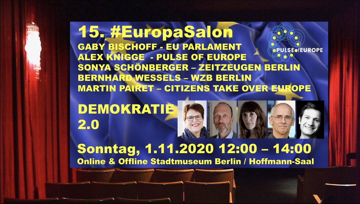 PulseofEurope's tweet photo. SO 1/11, 12-14 Uhr: 15. #EuropaSalon von #PulseOfEurope zu „Demokratie 2.0“ mit @StadtmuseumBLN: #Zeitzeugen, #CoFoE, #CTOE, @WZB_Berlin &amp; 👉https://t.co/apDRxeWqhQ. Wie sich Demokratie in 🇪🇺 neu erfindet: Livestream 🖥 https://t.co/vJF9hJ8ZaS #HausParlamente #HomeParliaments https://t.co/kd9sEwyu8f