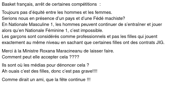 loicbreilloux's tweet photo. Coup de gueule justifié d'un président de club de basket. Mme @RoxaMaracineanu , M. @jmblanquer et Mme @1ElisaMoreno  Pourquoi les garçons peuvent s'entrainer et jouer et pas les filles à niveau strictement égal ? Elle est où l'égalité entre les hommes et les femmes ? https://t.co/7k8XqyeLOZ