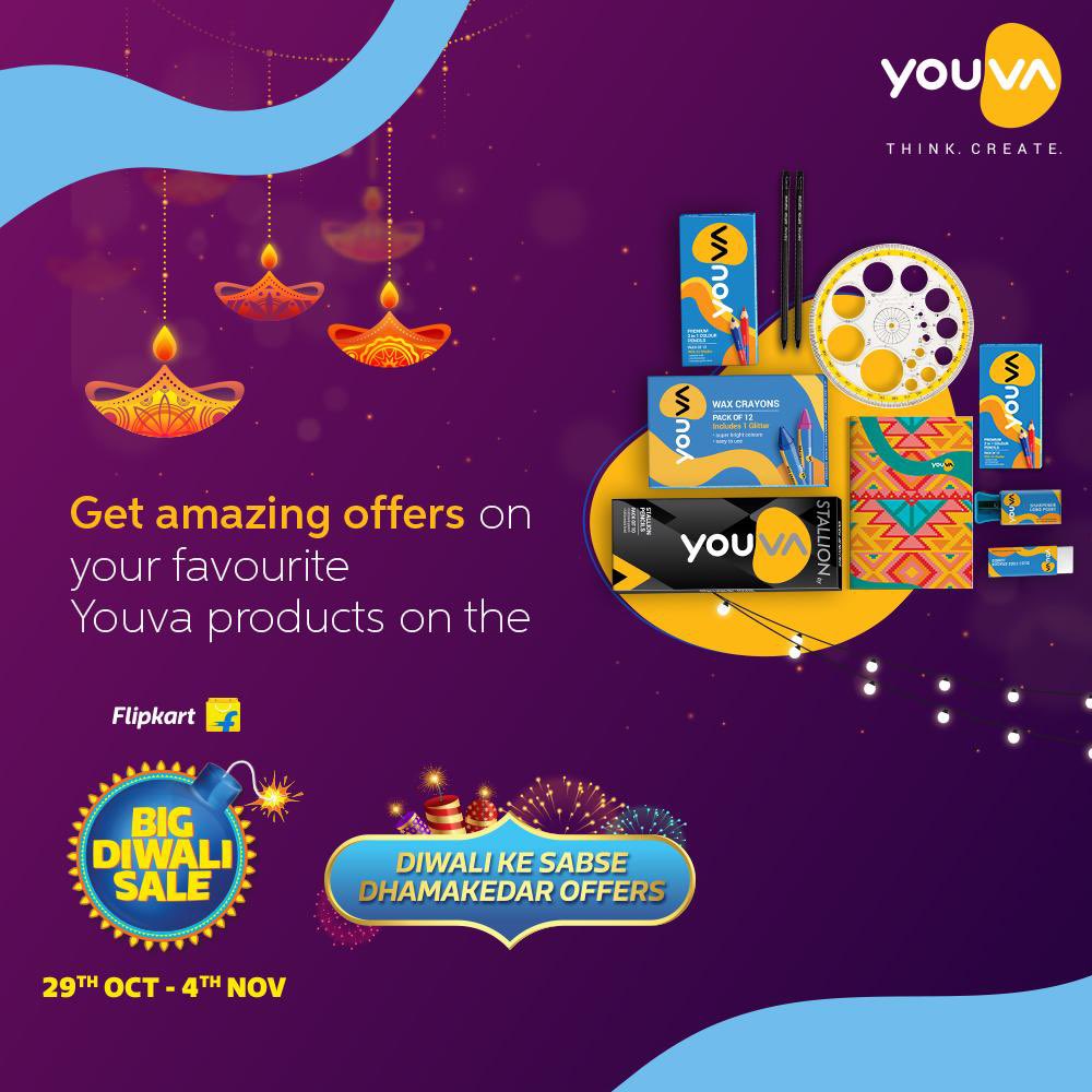 YouvaWorld_'s tweet photo. Celebrate this Diwali with a bang! Buy your favourite Youva stationery on the Flipkart Big Diwali Sale and enjoy amazing offers!
#Youva #ThinkCreate #DiwaliOffers #DiwaliSale #FlipkartDiwaliSale #Stationery #FestiveOffers https://t.co/qvI0yDgvTd