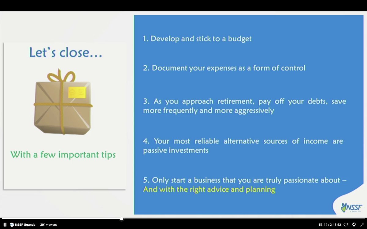 nssfug's tweet photo. HIGHLIGHTS FROM THE GRADUATION: Important Tips to note: Develop and stick to a budget, document your expenses, pay off your debts as you approach retirement, venture into passive income options and only start a business you are passionate about. #NSSFCCW2020 #CCW2020 https://t.co/KxNfiO8RzM