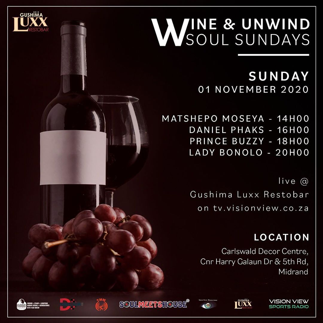 VV_Productions's tweet photo. Wine and Unwind Soul Sundays. Join us at @GushimaLuxx for wine and champopo while cruising to soulful beats from a stellar cast of DJs.

Stream live at https://t.co/6vfCIB4G3n

#soulmeetshouse
#soulsundays
#visionviewproductions https://t.co/KUChXoQQ6C