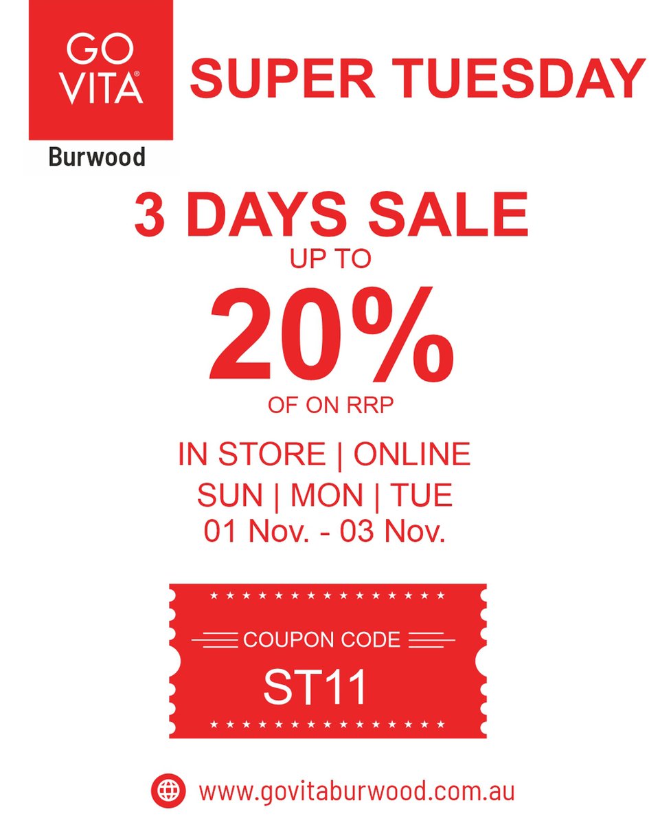 GoVitaBurwood's tweet photo. SUPER 3 DAY SALE at GO VITA BURWOOD - In Store &amp; Online at https://t.co/MDtW7HoE51 - Up to 20% OFF RRP. T&amp;C.

Please use coupon code SS11 for online discount!

#supertuesday #discountday #superdiscount #instorediscount #cheapesthealthfoodstore #discounthealthfoodshop https://t.co/dNmfLgU1BC