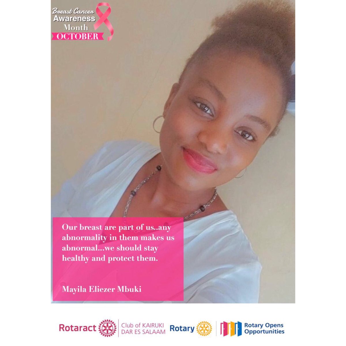 Rotaractkairuki's tweet photo. OCTOBER IS WORLD BREAST CANCER AWARENESS MONTH.
Our club prepared a month-long campaign for all the members to share and participate.
Here is the little message from them.

#pinkoctober🎀 #breastcancerawarenessmonth #serviceaboveself #rotaracttz #d9211 #rotaryopensopportunities https://t.co/tjhHuPnla3