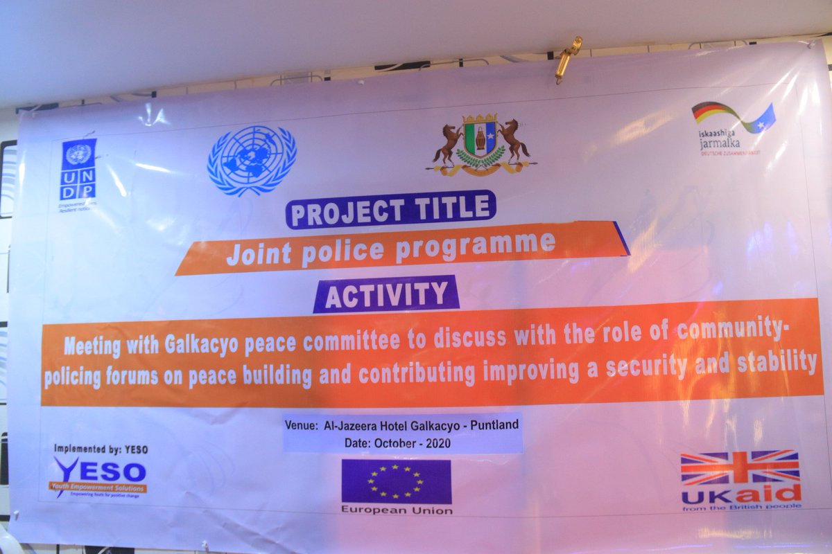 yeso_org's tweet photo. On Oct 20th, 2020, YESO in collaboration with #UNDP has conducted “Meeting with Galkacyo peace committee to discuss with the role of community-policing forums on peace building and contributing improving a security and stability” in Galkacyo at Al-jazeera Hotel.
@UNDPSomalia https://t.co/mh4lG9VoFz
