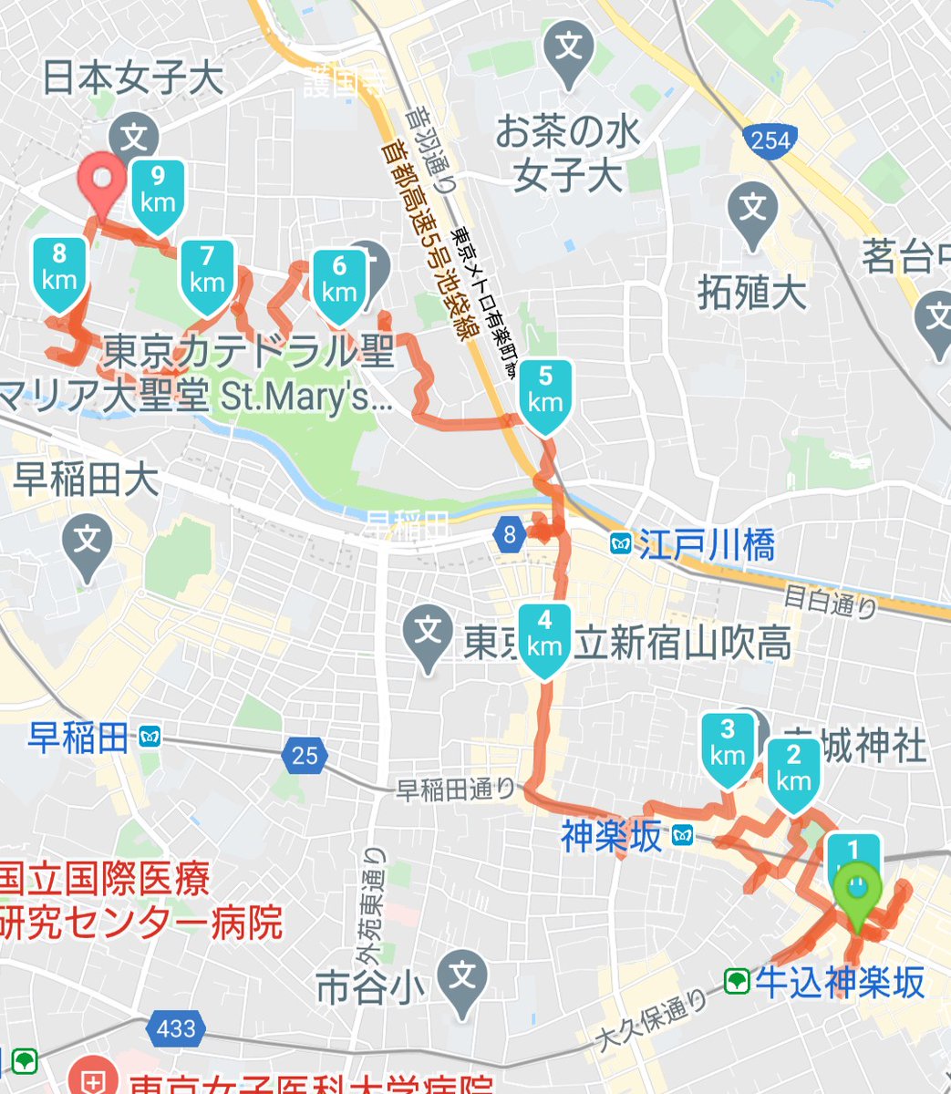 紅 隼人 Kestrelman 24連作ミッション 田中角栄氏の見た景色 完了 飯田橋駅から神楽坂を通って江戸川橋を通り 目白台を通って最後は日本女子大学近くの田中角栄邸まで目指すルート 前半の神楽坂の辺りでは賑やかな人通り 後半は目白台の閑静な住宅