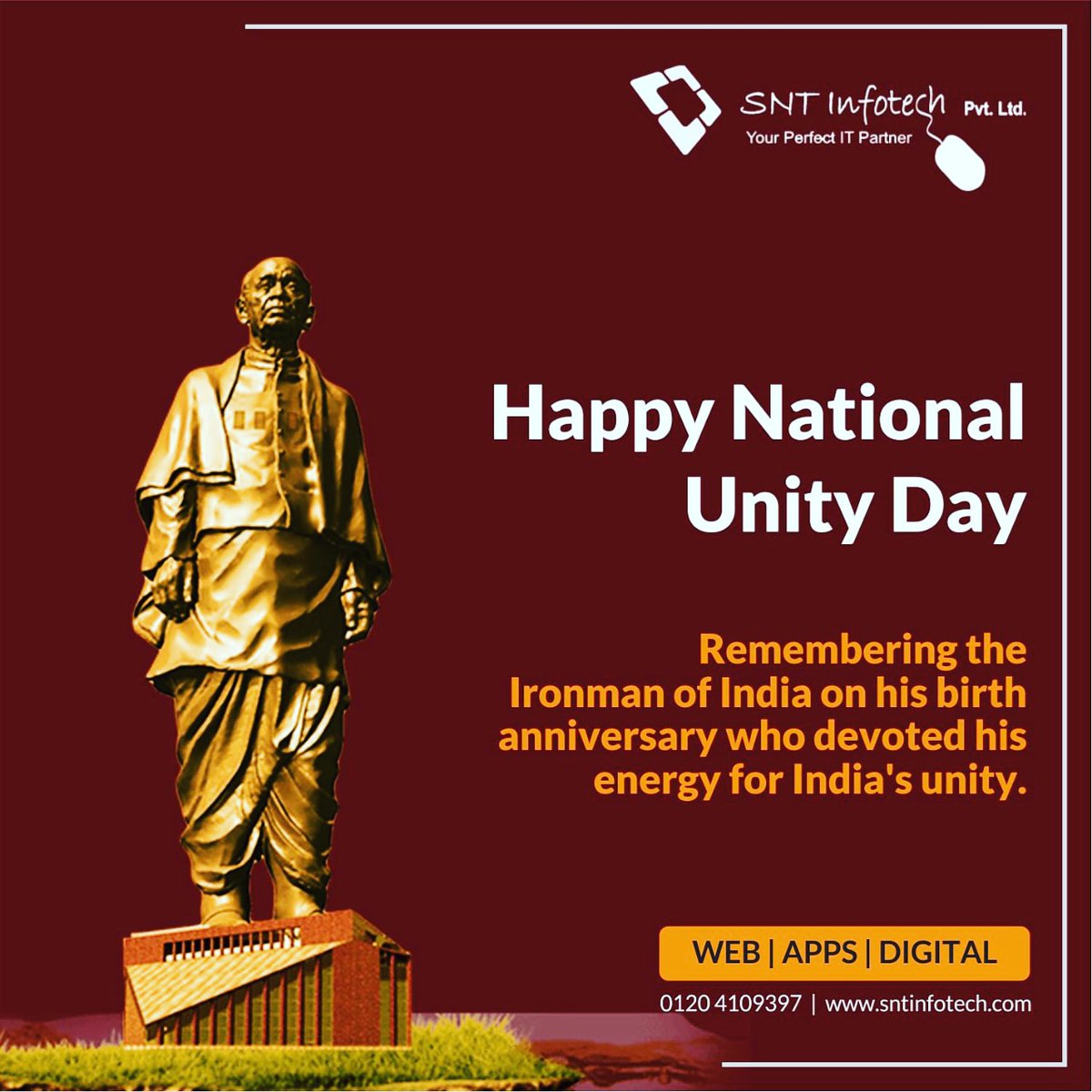sntinfotech's tweet photo. Remembering the #IronmanofIndia on his birth anniversary who devoted his energy for India's unity. #sardarpatel #greatleaderofindia #GroupSNT https://t.co/HxMMBxuvwI