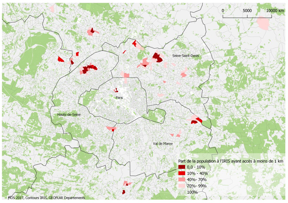 La carte  montre des Îlots Regroupés pour l’Information Statistiques (IRIS) dans lesquels une part significative des résidents n’a pas accès à un espace de nature dans le « km autorisé »
