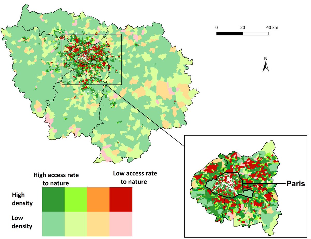 Avec l’hypothèse de 300 mètres (et non de 1 km cette fois), la carence en espaces de nature est bien plus significative (Liotta et al, 2020)