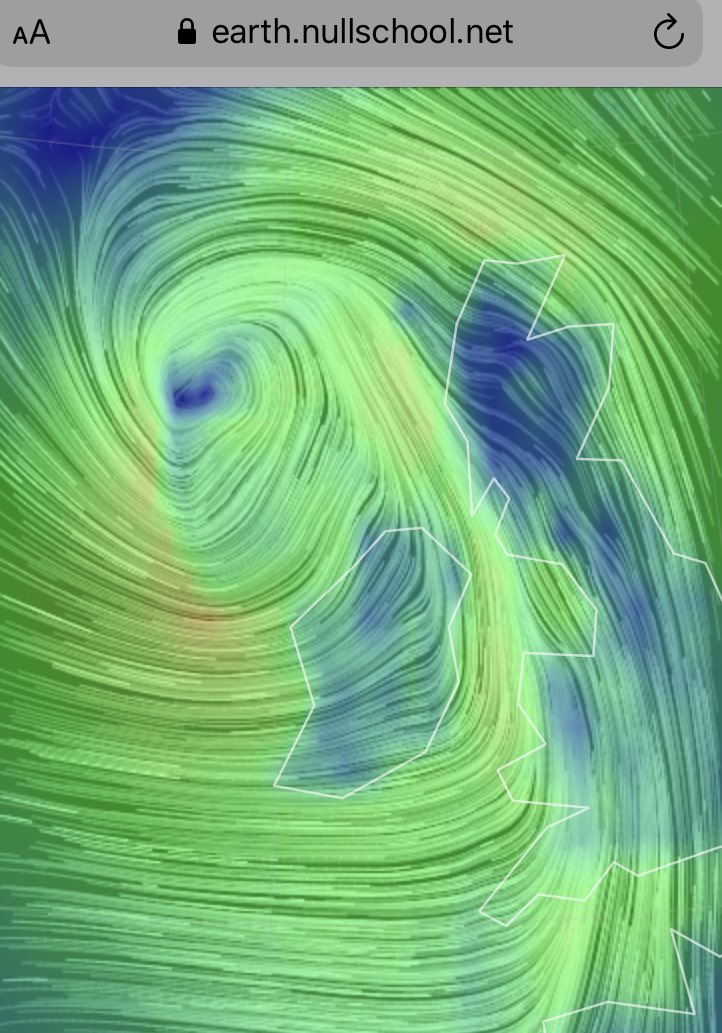 SouthernStarIRL's tweet photo. The worst of #StormAiden seems to have passed #westcork with relatively little structural damage if https://t.co/wLc4oVE7EY is a good indication - the #nullschool wind map indicates he has ‘swept left’. https://t.co/UlMurXG7zr