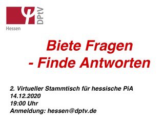 DPtV Hessen (@dptvhessen) on Twitter photo 2. virtueller Stammtisch für #hessische #PiA am 14.12.2020 um 19:00h - Anmeldung via Email: hessen@dptv.de #Psychotherapie #Nachwuchs @DPtVBund @DPtVfuerJungePT 2. virtueller Stammtisch für #hessische #PiA am 14.12.2020 um 19:00h - Anmeldung via Email: hessen@dptv.de #Psychotherapie #Nachwuchs @DPtVBund @DPtVfuerJungePT