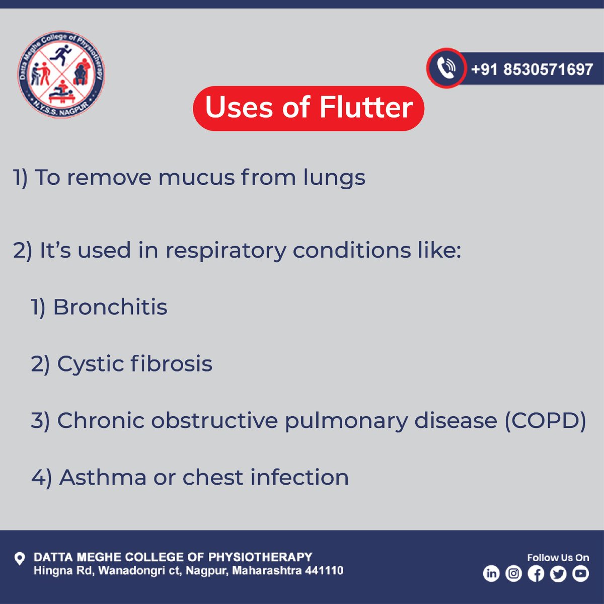 dmcopnagpur's tweet photo. Uses of Flutter
- To remove mucus from lungs
- It's used in respiratory conditions like:
1) Bronchitis
2) Cystic fibrosis
3) Chronic obstructive pulmonary disease (COPD)
4) Asthma or chest infection
#DMCOP #physiotherapy #physiotherspist #physiology #physiotherapycollege https://t.co/jYFfhu6nUb