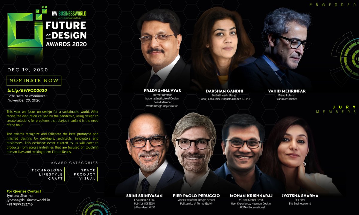BW Businessworld (@bwbusinessworld) on Twitter photo Announcing our esteemed jury for <a href="/BWBusinessworld/">BW Businessworld</a> Future Of Design Awards 2020.
Nominate Now: bit.ly/BWFOD2020
<a href="/vyas_pradyumna/">Pradyumna Vyas</a> @GodrejGroup <a href="/vahid_mehrinfar/">Vahid Mehrinfar</a> <a href="/srini256/">Srini R. Srinivasan</a> <a href="/ppperuccio/">Pier Paolo Peruccio</a> <a href="/_mohankrish/">Mohan Krishnaraj</a> @Jyotsna_off
#BWFOD20 <a href="/anuragbatrayo/">Anurag Batra</a> Announcing our esteemed jury for <a href="/BWBusinessworld/">BW Businessworld</a> Future Of Design Awards 2020.
Nominate Now: bit.ly/BWFOD2020
<a href="/vyas_pradyumna/">Pradyumna Vyas</a> @GodrejGroup <a href="/vahid_mehrinfar/">Vahid Mehrinfar</a> <a href="/srini256/">Srini R. Srinivasan</a> <a href="/ppperuccio/">Pier Paolo Peruccio</a> <a href="/_mohankrish/">Mohan Krishnaraj</a> @Jyotsna_off
#BWFOD20 <a href="/anuragbatrayo/">Anurag Batra</a>