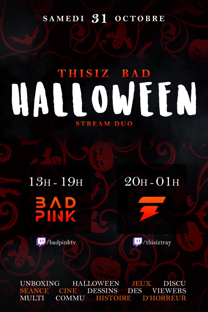 ThisIzTray's tweet photo. 👻 TODAY IS THE DAY ! 👻
🎃13h - 19h @BadPinkTV https://t.co/80ta4ql8z9
🎃20h - 01h @ThisIzTray https://t.co/UfOj1d7Tzh
#ThisizBadHalloween #Halloween #Halloween2020 #StreamDuo https://t.co/PlsEzQq1hK