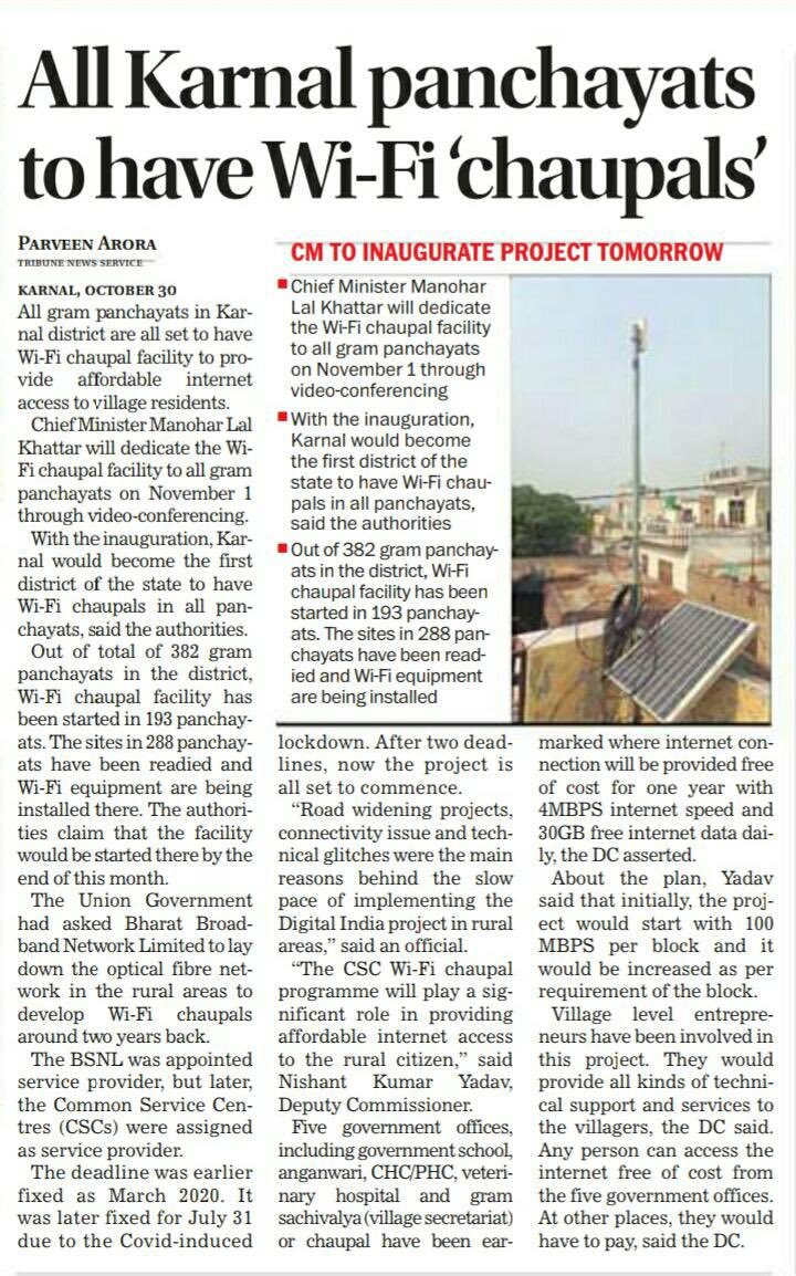 cmohry's tweet photo. Affordable Internet access to village residents through Wi-Fi Chaupals for all Panchayats of Karnal.

#Digitalindia https://t.co/vHBDQQpOvB