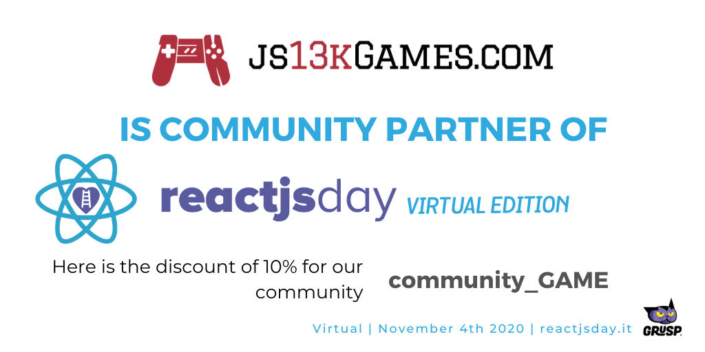 js13kGames's tweet photo. Win one ticket to @reactjsday 2020 happening November 4th! https://t.co/eUmcn88qTa

Reply with a comment which talk are you excited the most and why, we'll select a winner on Monday Nov 2nd, 2 PM CET! #react #reactjs #reactjsday #reactjsday2020 #conf #giveaway #free #ticket https://t.co/UQUqfMEKUY